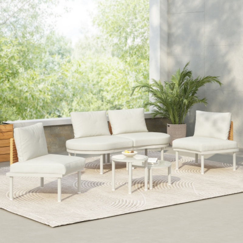 Beige + Rotin PE + Fer + Tissu imperméable + Mousse