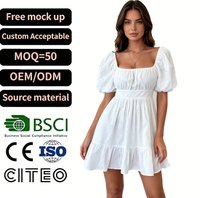 Robe Courte Décontractée pour Femme à Col Carré, Manches Courtes Bouffantes, Taille Haute, Ourlet Volanté, Coupe Trapèze, Idéale pour l'Été et la Plage