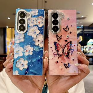 High-end luce blu pittura a olio a fiore custodia del telefono di moda per <span class=keywords><strong>Samsung</strong></span> Z piega 6 obiettivo della fotocamera piastra sottile Cover posteriore del telefono - Product Image 3