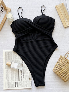 Costume da bagno intero da donna a costine con nodo frontale e cut-out, monokini modellante per il controllo della pancia, ideale per la spiaggia - Product Image 5
