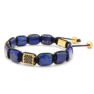 Perhiasan Fashion buatan tangan baja tahan karat Flatbead Cz batu akik mata harimau Matte Onyx biru Lapis batu alami gelang untuk pria
