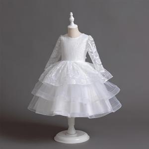 Bianco <span class=keywords><strong>damigella</strong></span> d'onore abbigliamento per bambini con fiocco in pizzo festa <span class=keywords><strong>abito</strong></span> da sposa ragazza manica lunga <span class=keywords><strong>abito</strong></span> da ballo principessa - Product Image 2