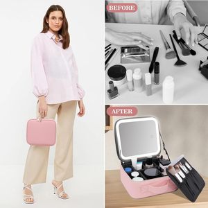 Trousse de maquillage avec miroir LED, sac de rangement pour maquillage, trousse de maquillage de voyage avec miroir <span class=keywords><strong>rechargeable</strong></span>, 3 couleurs de lumière, miroir détachable - Product Image 5