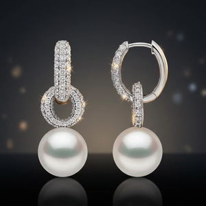 Boucles d'oreilles créoles de luxe en argent 925 avec maillons pavés de diamants et gouttes de perles d'eau de mer pour femme, bijoux de mariage - Product Image 3