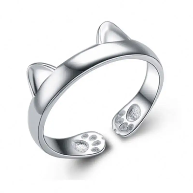 High Quality Open Cuff Pet Animal Cat Rings Cute Silver Plated Cat Ears Rings