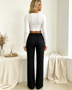 Pantalon droit taille haute à cordon de serrage pour femme, coupe ample, décontracté, idéal pour le quotidien, les trajets et les rendez-vous - Product Image 3