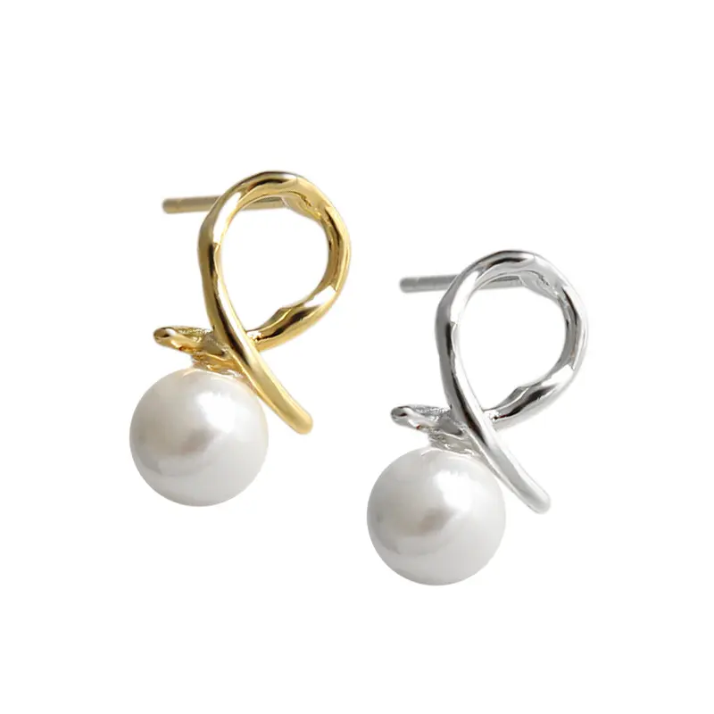 925 sterling silver 18k gold plated knot dubai fresh pearl earrings natural pearl stud earring silver for women