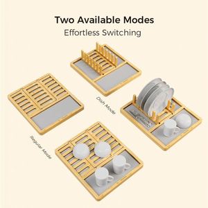 2 1 Detachable Bamboo Kitchen <b>Dish</b> Drying <b>Rack</b> Diatomite Stone Mat Modern Minimalist Multi-Compartment Plate Bowl Storage Holder - Product Image 4