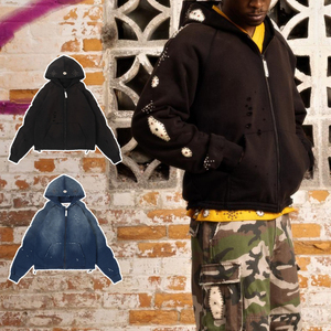 Sweat à capuche unisexe KingSen personnalisé avec strass, fermeture éclair, imprimé streetwear, patchwork, 100 % coton, écologique - Product Image 1