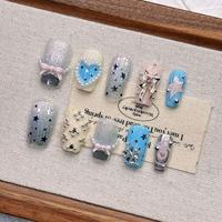 Faux ongles à presser faits main, bleu galaxie, courts carrés, avec étoiles 3D, lune, perles et strass, luxe, pour nail art, vente en gros