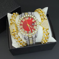 4 pièces de montres incrustées de diamants à grand cadran avec bracelets cubains 2 montres de style hip-hop à la mode ensemble de bijoux