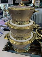 Ensemble élégant de 3 chauffe-plats isothermes 2,5L 4,5L 6,5L – Plat de service de banquet thermique brillant avec bordure dorée ornée