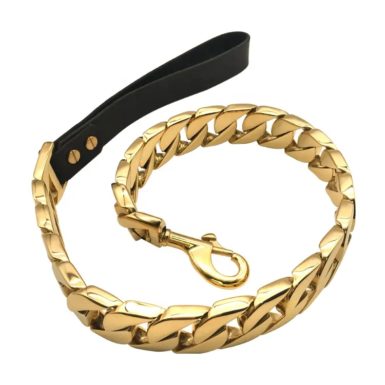 Logo personalizzato casting catene in oro guinzaglio del cane a catena con moschettone e di cuoio cuban link in acciaio inox cane al guinzaglio