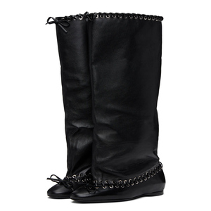 Custom Loose Pleated Upper on Shoes Front Bow Slouchy Flat <b>Long</b> Boots Women's Top String Tangled Baggy Knee High Booties - Product Image 4