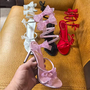 2025 New European American Style Women's Satin Sandals Bowknot One Strap Rhinestones Open <b>Toe</b> High <b>Heels</b> Thin <b>Heels</b> Large Size - Product Image 2