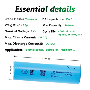 แบตเตอรี่แบบโซลิดสเตท ICR18650-26VA 2600mAh 3.6V 5C สำหรับเครื่องมือไฟฟ้าและยานยนต์ไฟฟ้า 1000 รอบการใช้งาน ขายส่ง - Product Image 4