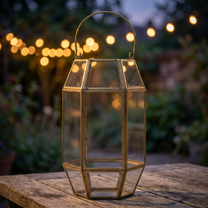 hexagonal metal and glass candle <b>brass</b> finish <b>lantern</b> - Product Image 3