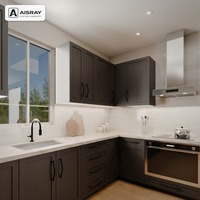 Meuble de cuisine en placage de bois style Shaker en forme de L avec portes à cadre noir, poignées en forme de pont et boîtes de rangement en contreplaqué