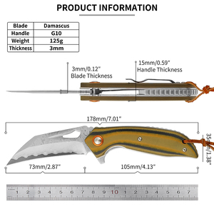 Cuchillo Plegable de Acero de Damasco de Alta Calidad con Mango G10, para Supervivencia, Camping, Bushcraft y Actividades al Aire Libre, con Clip - Product Image 2