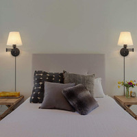 Applique murale LED transfrontalière de style américain avec bras articulé en fer et abat-jour en lin, lampe de lecture en tissu pour chambre à coucher, chevet, hôtel, bureau