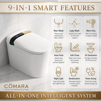 Toilette intelligente Comara en céramique, à poser au sol, avec siphon en S, séchage à l'air, désodorisation automatique, télécommande incluse, design moderne, cuvette