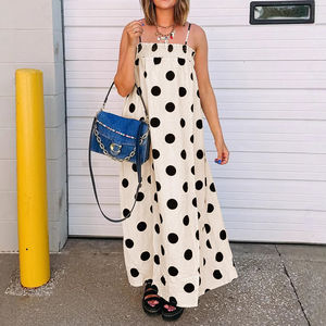 Channel 2026 夏季系列女式优雅圆点无袖长裙，抽褶细肩带荷叶边摆长裙，带口袋 - Product Image 2
