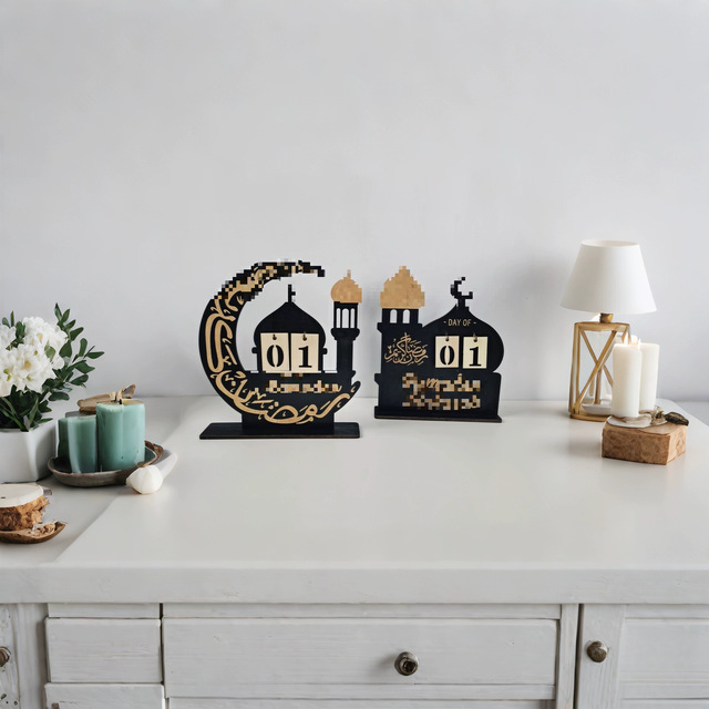 Wooden Standing Sign Arabic Calligraphy Crescent Moon Mosque Silhouette Design for Party Decorations
