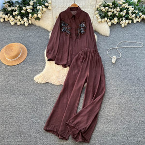 Ensemble <span class=keywords><strong>2</strong></span> <span class=keywords><strong>pièces</strong></span> pour femmes, chemisier <span class=keywords><strong>rouge</strong></span> brodé et pantalon large, tenue de bureau décontractée, ensemble deux <span class=keywords><strong>pièces</strong></span> pour femmes - Product Image 2