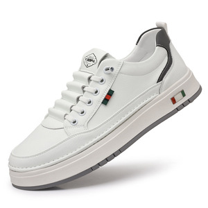 Baskets en cuir blanches pour hommes, bout rond, plateforme, semelle en caoutchouc amortie, chaussures décontractées pour la marche - Product Image 5