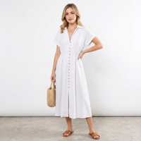 Robe chemise pour femme, robe en lin de haute qualité, manches courtes, mi-longue, plissée, taille élastique, robe chemise décontractée d'été pour le bureau