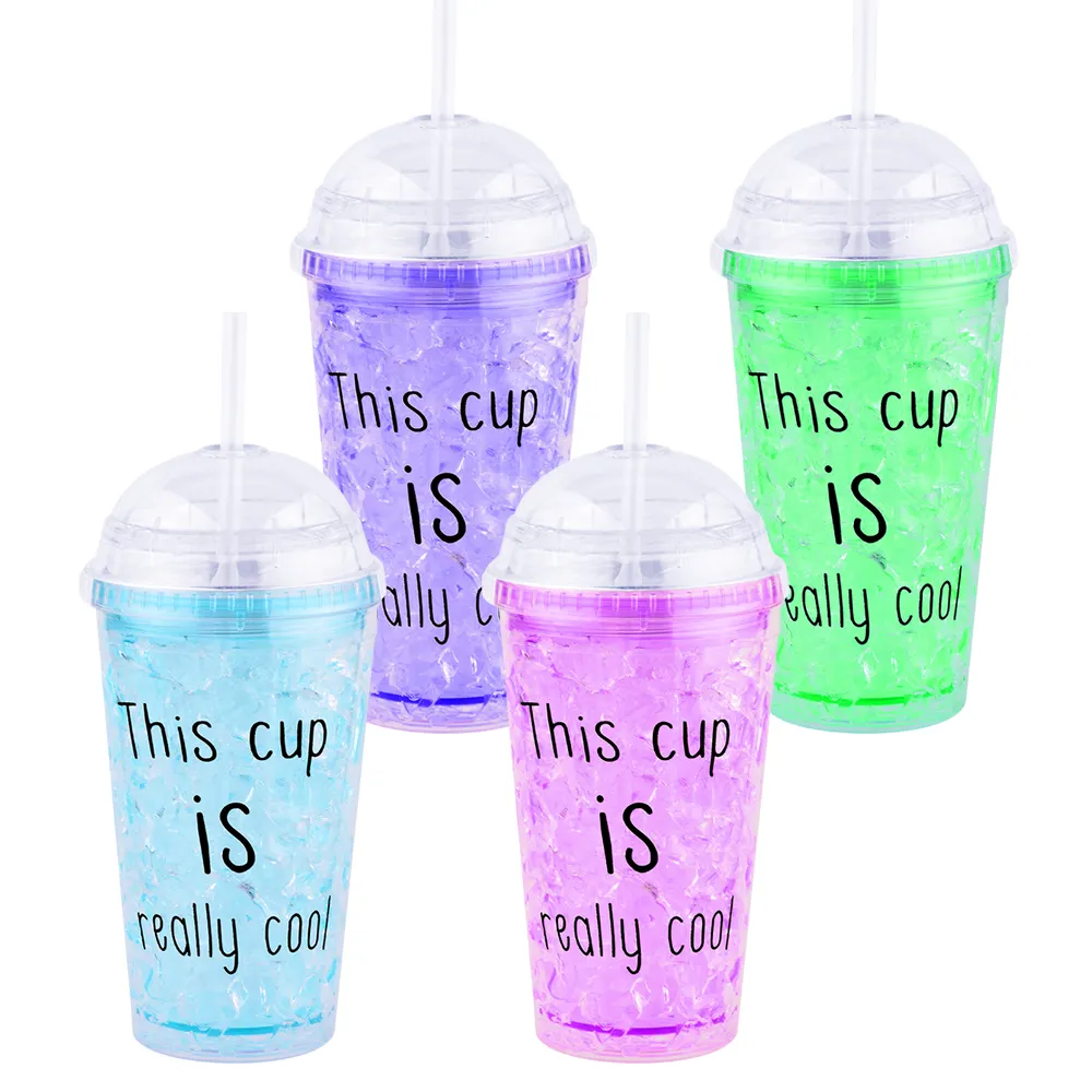 Bicchiere da congelatore senza BPA 16oz tazza da congelatore in plastica riempita di Gel a doppia parete tazze da ghiaccio bevanda fredda con paglia e coperchio per la promozione