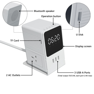 New Arrival hộ gia đình đa chức năng phổ USB mở rộng Ổ cắm điện với Bluetooth Loa kỹ thuật số Đồng hồ báo thức - Product Image 4