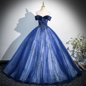 Elegant Navy Blue Off-The-Shoulder Evening Dress With Floral Print And Sheer Layer Long Tutu Skirt Empire Waistline - Product Image 1