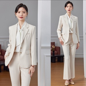 Women's Cream Suit Set Full Sleeve Polyester Worsted Anti-Wrinkle Formal Business Attire Autumn Season - Product Image 1