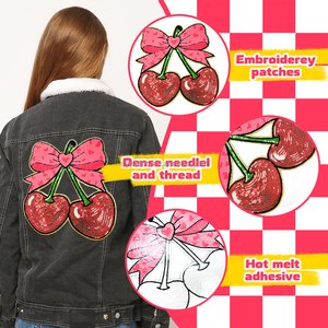 Design scintillant de cerises et de nœuds avec des détails en paillettes, parfait pour personnaliser les projets de mode et ajouter une touche amusante - Product Image 5