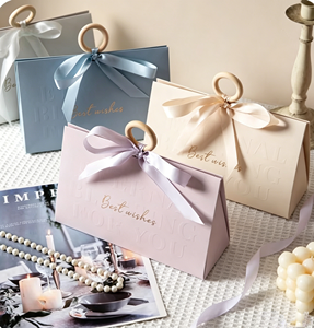 Eco‑friendly Recyclable Triangular Paper Gift Bags Wholesale With Wooden Circle Handle Satin Ribbon Bow Embossed Text And Best - Product Image 3