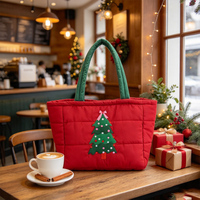 Sac fourre-tout de Noël matelassé personnalisé en gros, sac à main brodé motif arbre pour cadeaux de fêtes et shopping