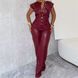 Combinaison en cuir sans manches pour femme, pantalon long, tendance - Product Image 1