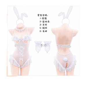 Conjunto de lencería divertida con aros y efecto push-up, estilo conejita, con tanga negra, disfraz de juego de roles para mujer, de poliéster de tiro bajo. - Product Image 3