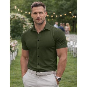 FOXA Men's Muscle Fit Short Sleeve Dress Shirt High Stretch Wrinkle Free Summer Casual Button <b>Down</b> Shirt - Product Image 4