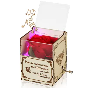 Witte Roos Geschenken Hand Crank Muziekdoos Met Kleurrijke Verandering Licht Cadeau Voor Moeders Dag Verjaardag