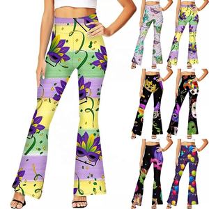 Womens Mardi Gras Bell Bottoms Lila Grün Gelb High Waist Flare Pants - Product Image 1