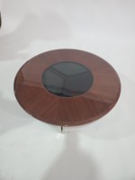 Table basse moderne en verre trempé avec plateau en bois massif et pieds en acier inoxydable pour salon