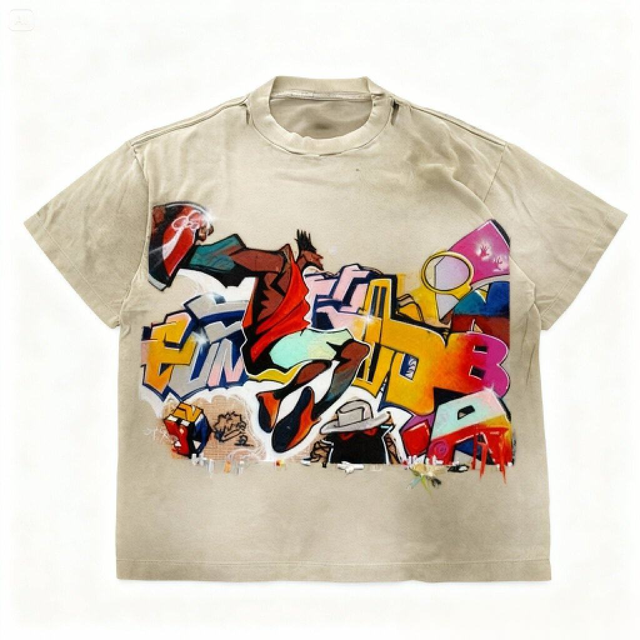 ODM Unisex Retro Punk Graphic Print T-Shirts 100% Cotton Heavyweight Oversized Vintage Rock Style Short Sleeves Streetwear