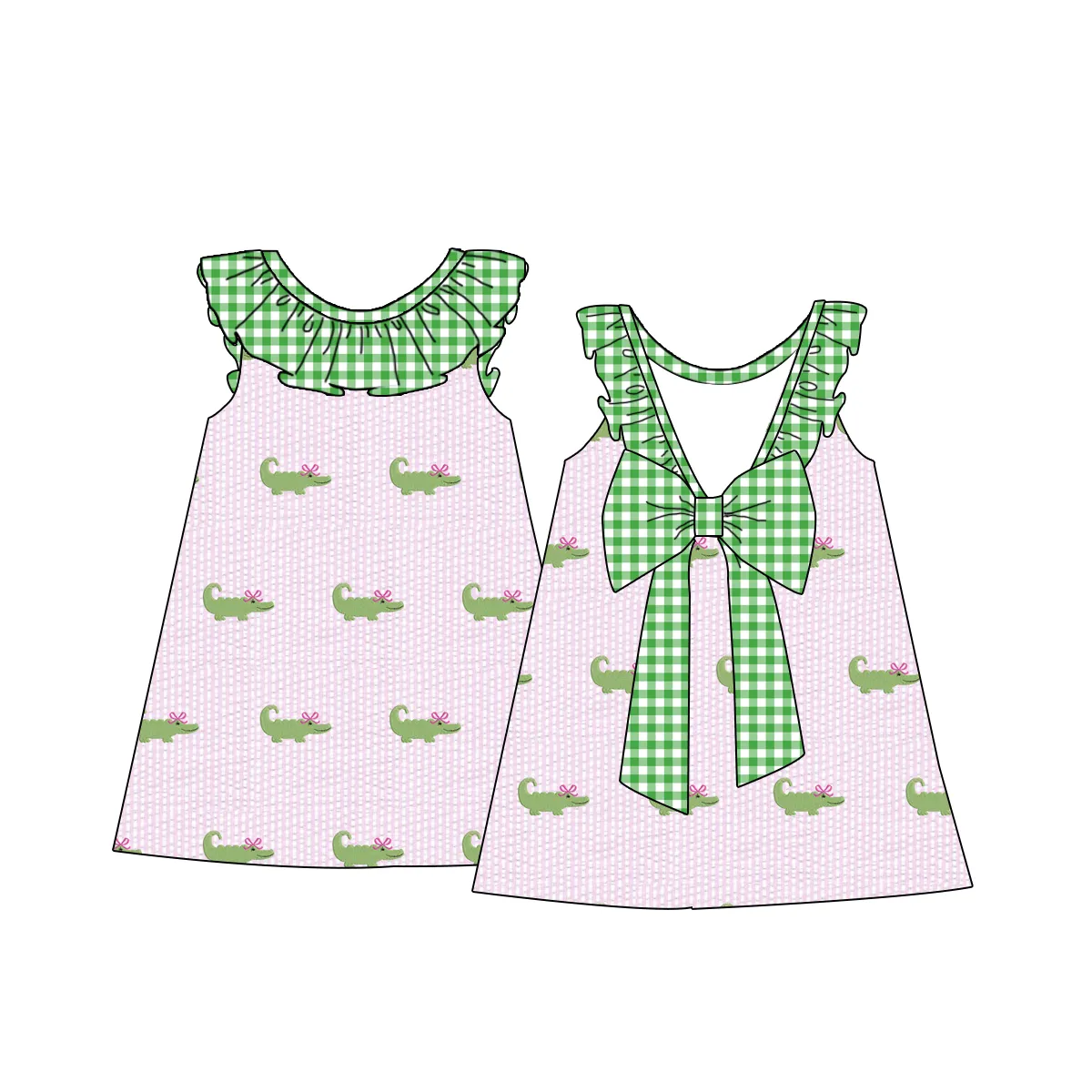 Çocuklar için yaz yeni varış özel tasarım giyim çocuk çizgili pembe gofre Ruffles elbise timsah nakış