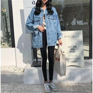 Jaket Jins Wanita Kerah Rebah Warna Biru, Mantel Luaran Longgar Kasual Modis Feminin - Product Image 3