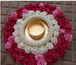 Circular Floral <b>Candle</b> Stand with <b>Pink</b> White Roses and Gold Center Handmade for Weddings - Product Image 1