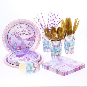 DAMAI - Vajilla Desechable de Sirena Morada para Fiestas, Platos, Servilletas, Vasos, Juego de Vajilla Desechable de Sirena para Decoración de Fiestas de Cumpleaños - Product Image 1