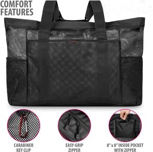BSCI Factory XL <b>Zipper</b> Mesh Beach Shopping Bag Tote Extra <b>Heavy</b> <b>Duty</b> with <b>Zipper</b> 8 Large Pockets and Bonus Waterproof Cellphone - Product Image 3