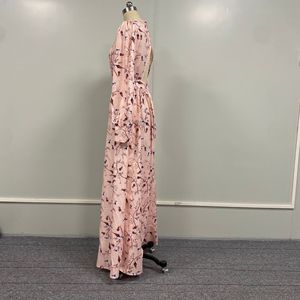 Robe de demoiselle d'honneur élégante imprimée rose à taille mi-haute, dos nu, col rond, manches longues, printemps, été, automne pour femme - Product Image 3